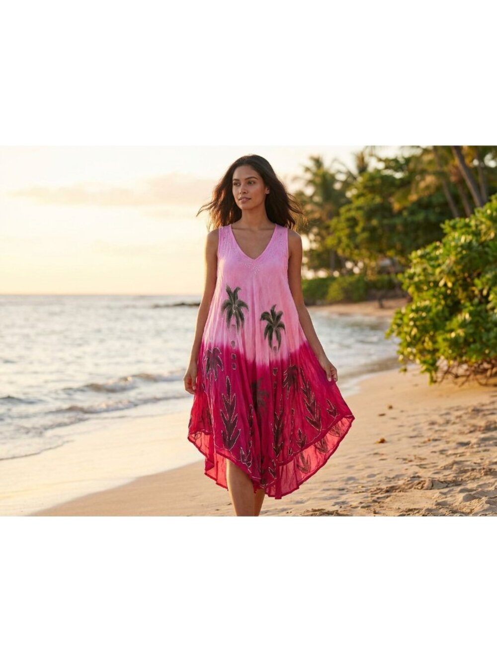 Pink Tropical Palm Tree Dress Beach Cover Up Handkerchief Hem Sundress Free Size